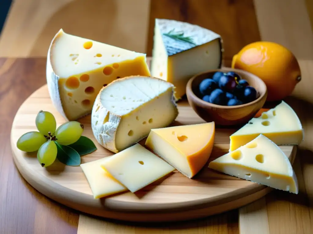 Tabla de quesos orgánicos: una delicia gourmet Una exquisita tabla de quesos orgánicos con variedad de texturas, colores y frutas frescas, resaltada por una suave iluminación
