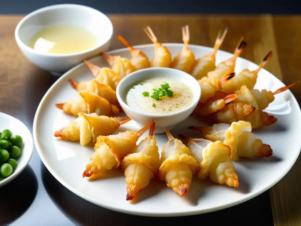 Una exquisita tempura de camarón dorado sobre daikon, evocando la maestría de la preparación de tempura orgánica japonesa