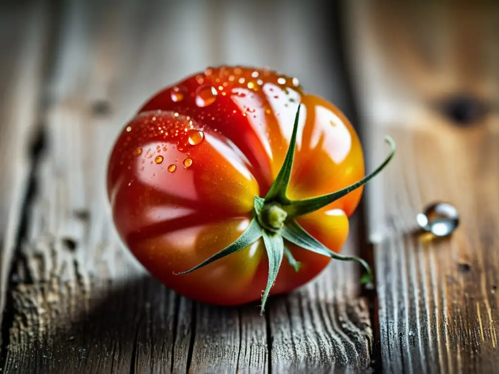 Una exquisita fotografía de un tomate heirloom sobre madera rústica