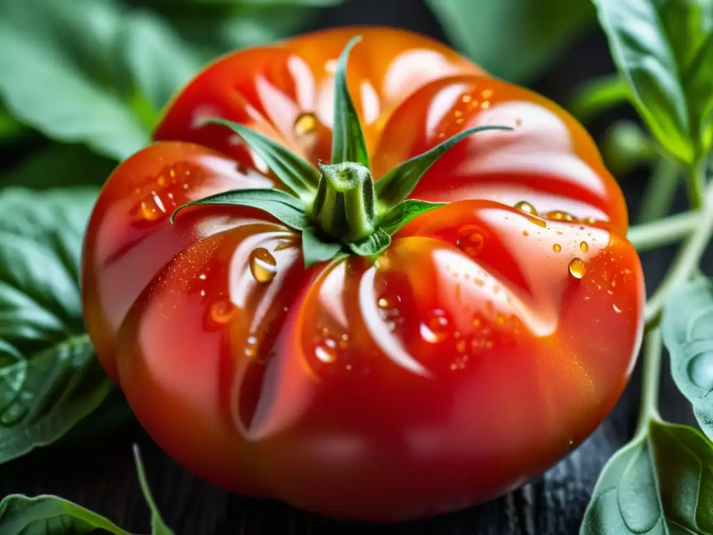 Una exquisita tomate orgánico sobre hojas de albahaca fresca