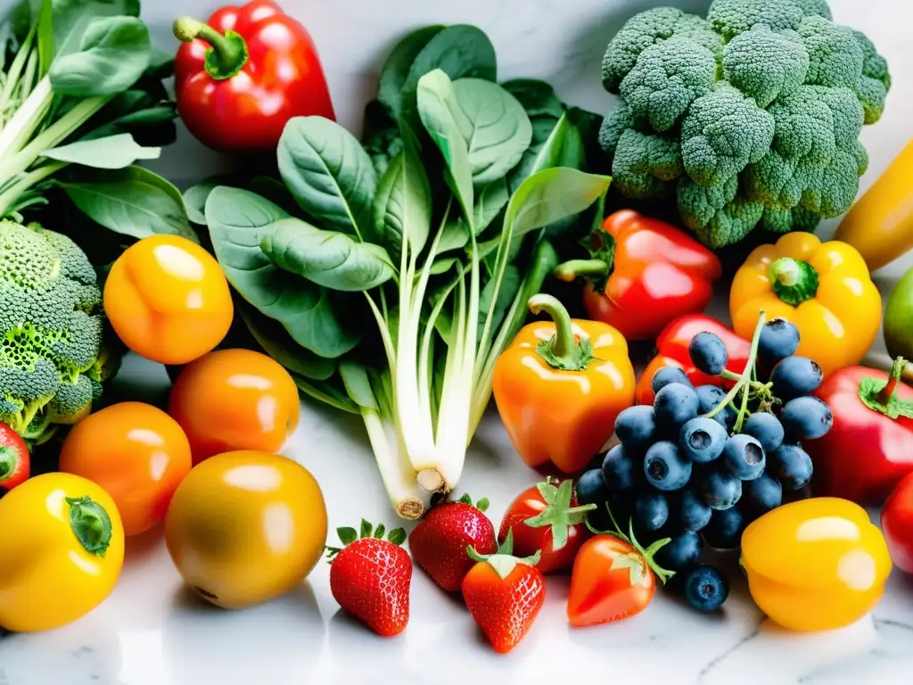 Una exquisita variedad de alimentos orgánicos frescos y coloridos en un elegante mostrador de mármol blanco