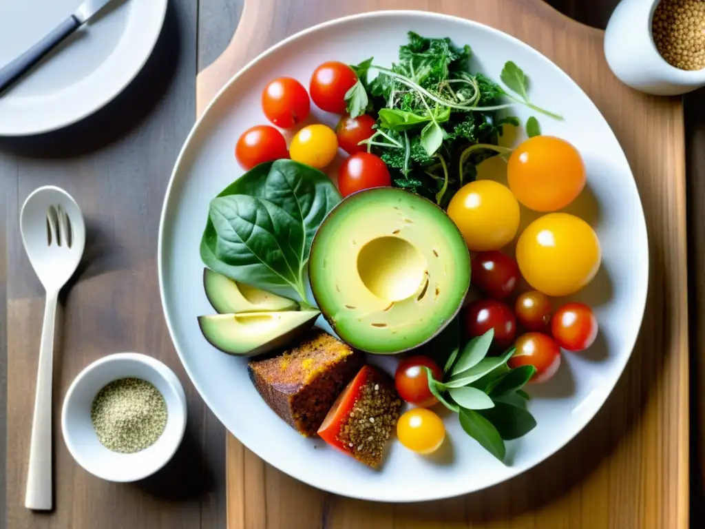 Una exquisita variedad de alimentos orgánicos en una dieta macrobiótica sobre un elegante plato blanco, resaltando colores y texturas