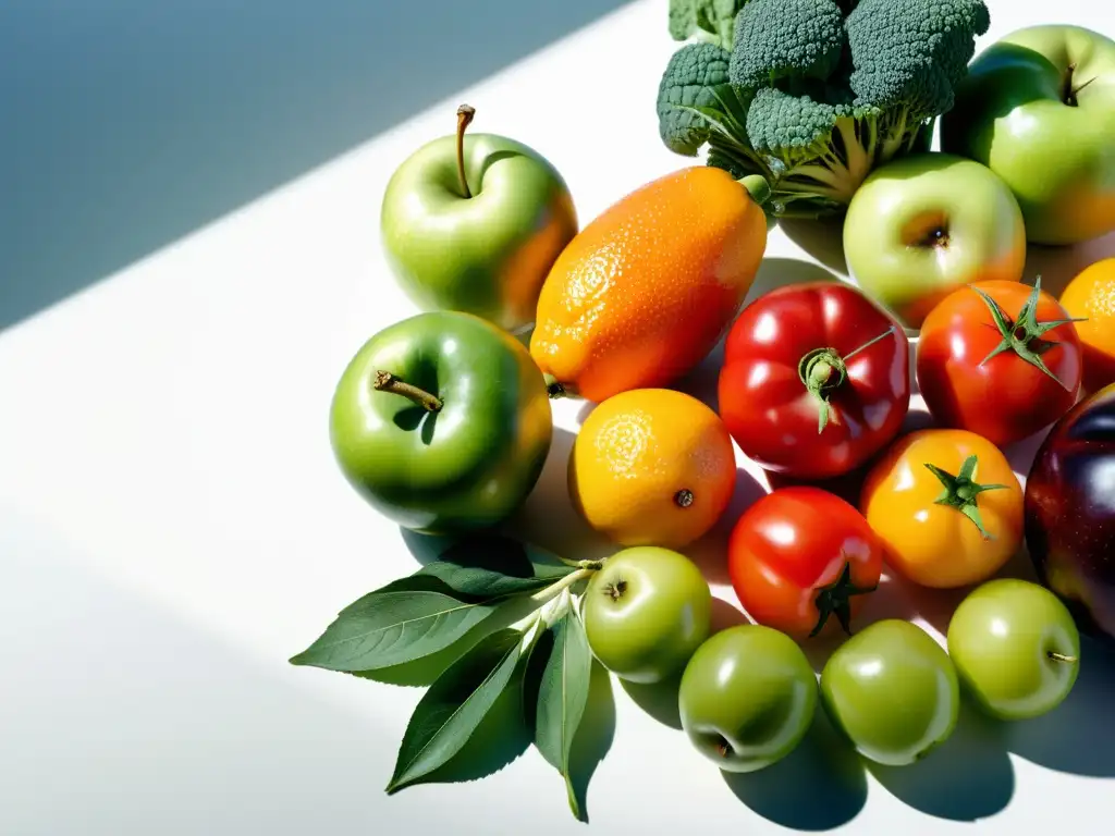 Una exquisita variedad de alimentos orgánicos frescos en una mesa blanca, iluminada por la suave luz natural