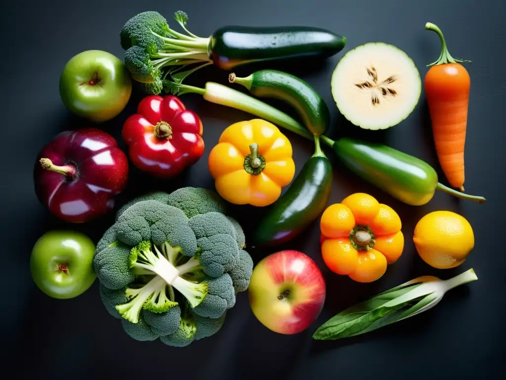 Una exquisita variedad de alimentos orgánicos recién cosechados en un elegante y vibrante arreglo sobre una superficie mate