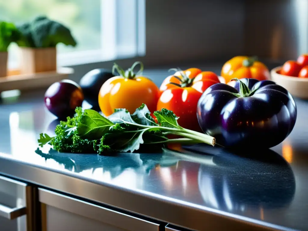 Una exquisita variedad de alimentos orgánicos recién cosechados en una encimera de cocina moderna, construyendo marca alimentos orgánicos