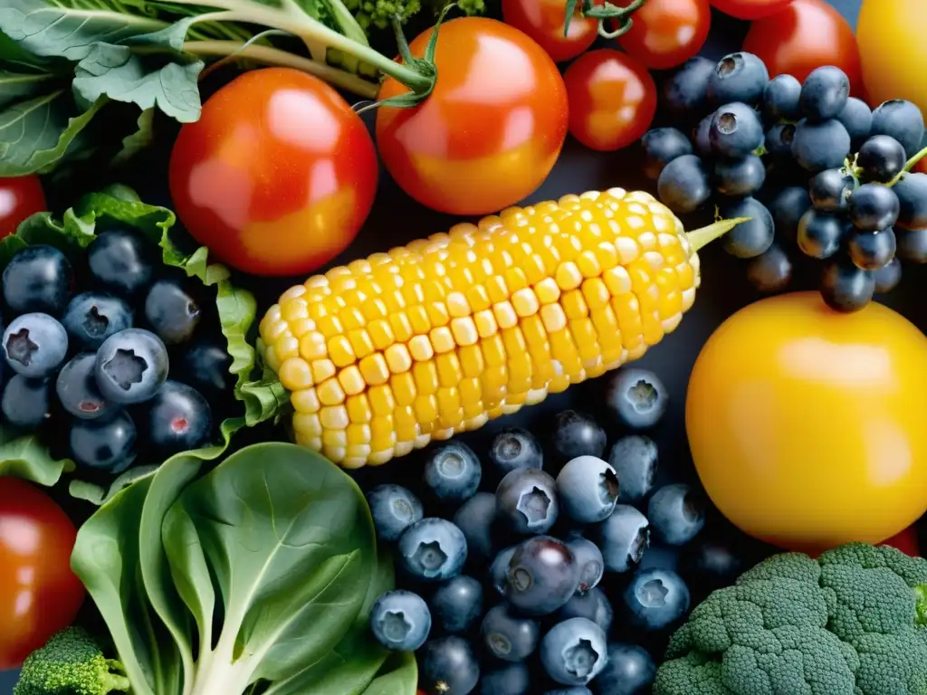 Una exquisita variedad de alimentos orgánicos para controlar hipertensión, con tomates rojos, kale verde, arándanos y maíz dorado