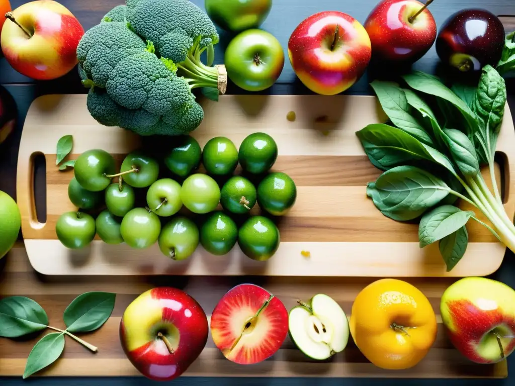 Una exquisita variedad de alimentos orgánicos frescos y coloridos sobre una tabla de cortar de madera