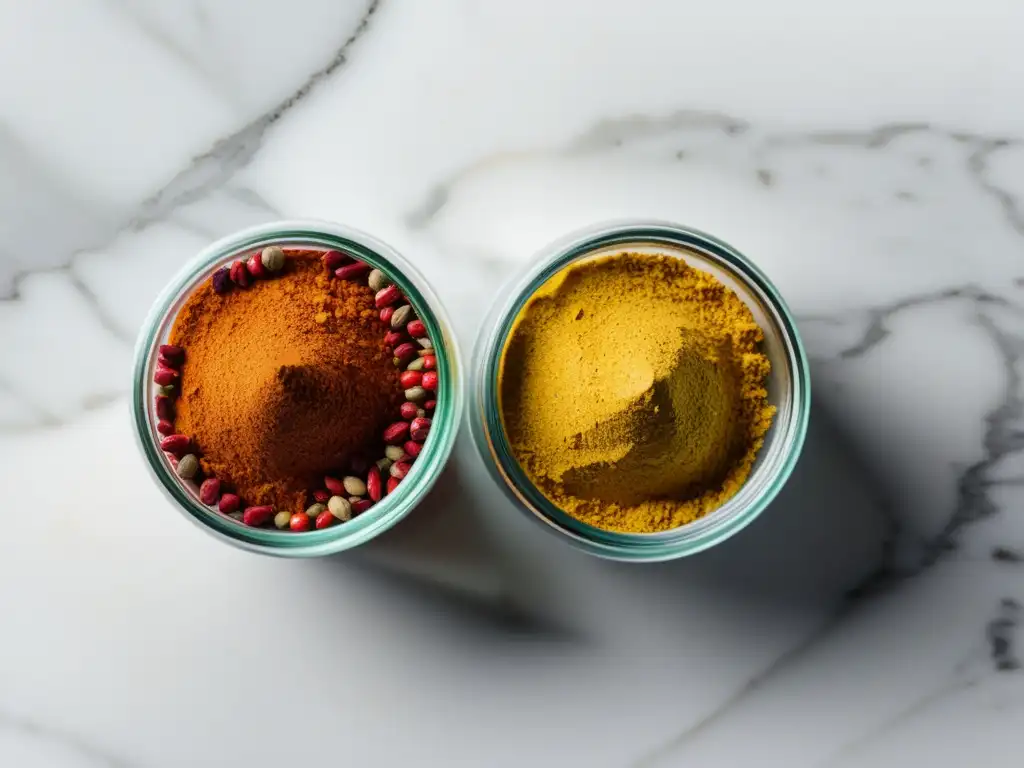 Una exquisita variedad de especias orgánicas para curry en elegantes frascos de vidrio sobre mármol blanco, bañadas por luz natural