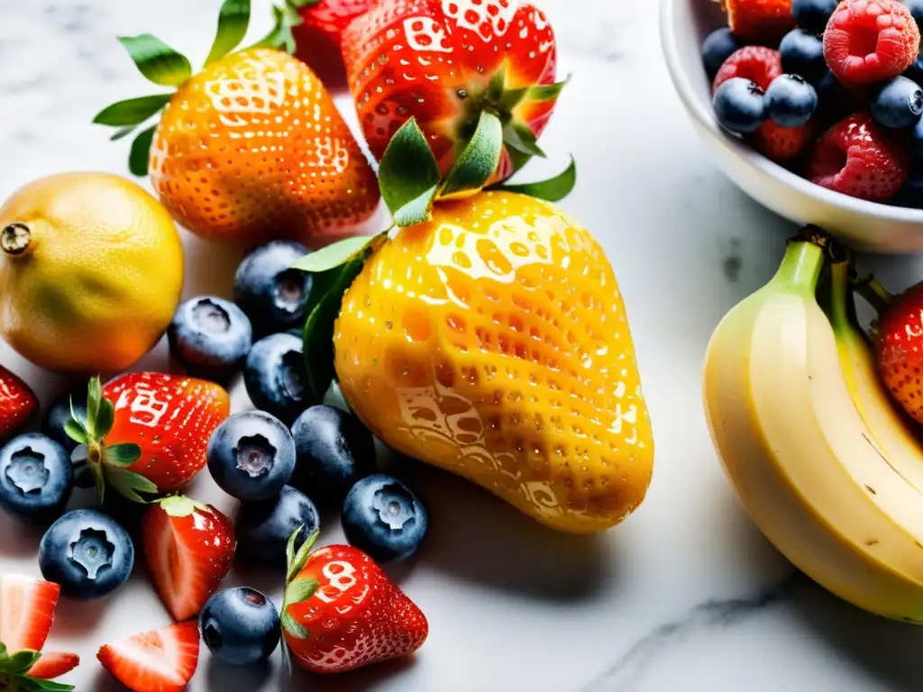 Una exquisita variedad de frutas frescas y orgánicas, como fresas, arándanos, naranjas y plátanos, en un elegante mostrador de mármol blanco