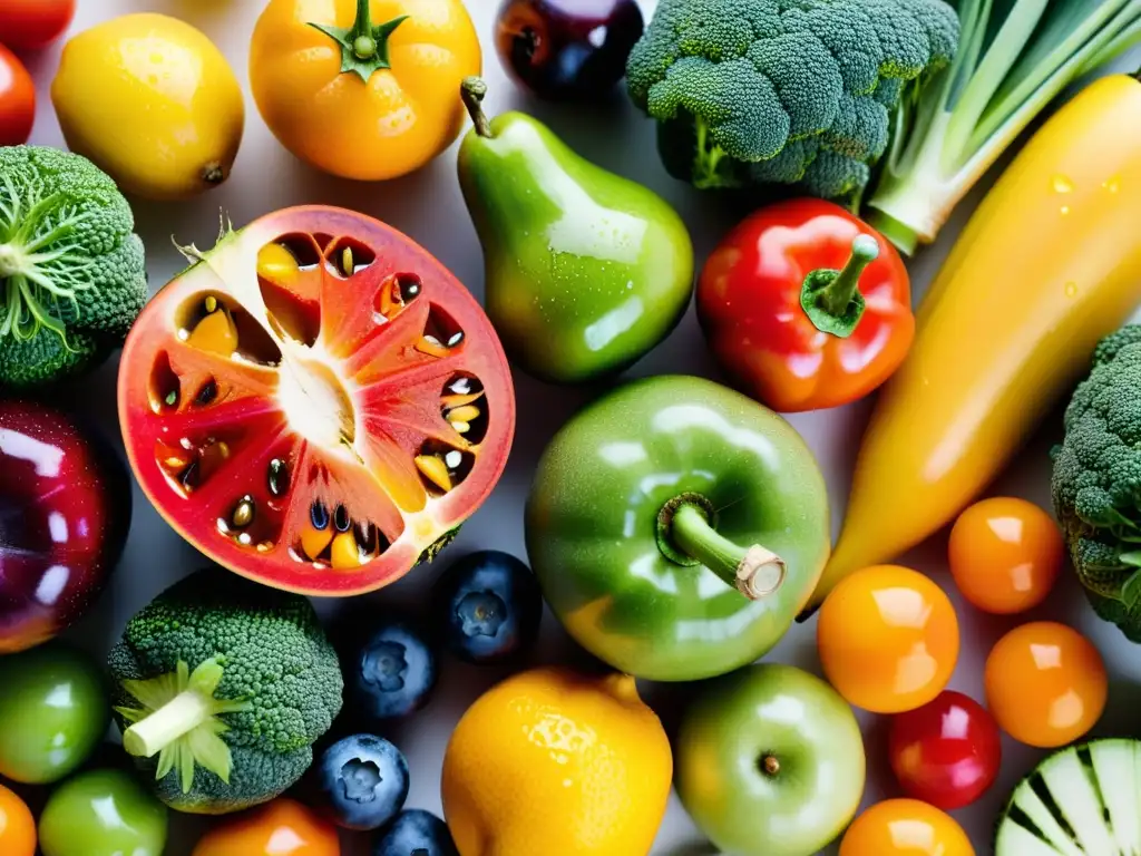 Una exquisita variedad de frutas y verduras orgánicas, frescas y vibrantes, con gotas de agua brillantes