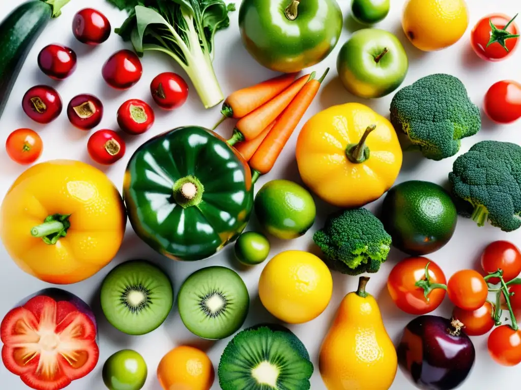 Una exquisita variedad de frutas y verduras orgánicas recién cosechadas, dispuestas simétricamente en una superficie blanca