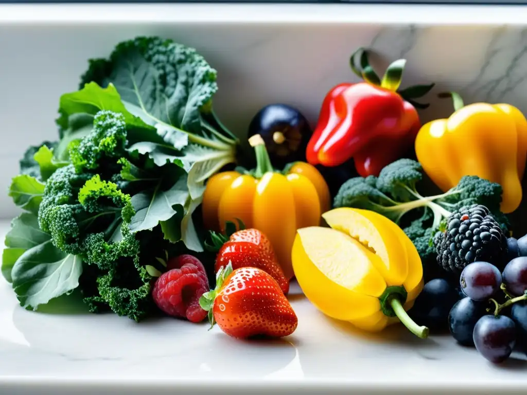 Una exquisita variedad de frutas y verduras orgánicas frescas, colocadas en un elegante mostrador de mármol blanco bajo la luz natural