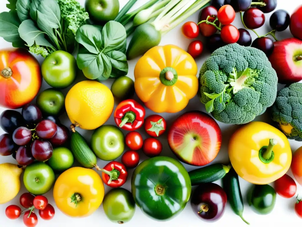 Una exquisita variedad de frutas y verduras orgánicas, frescas y coloridas, sobre fondo blanco