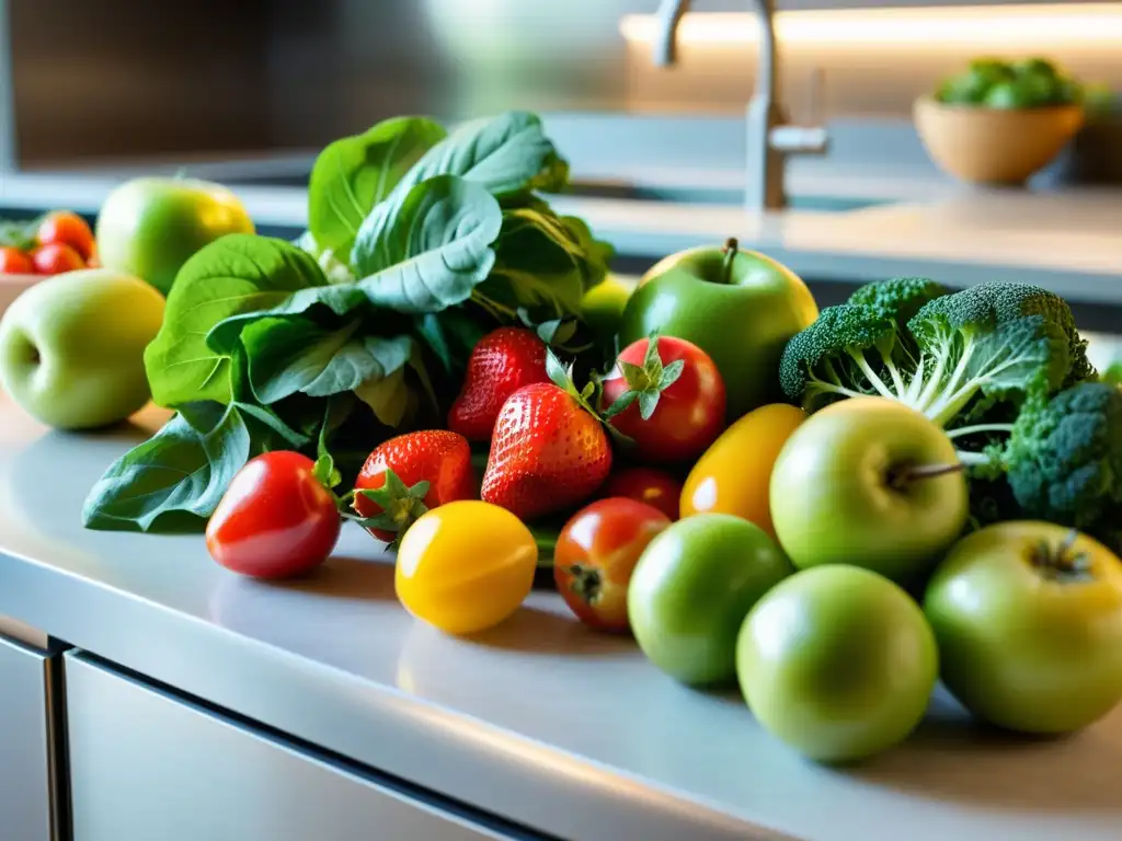 Una exquisita variedad de frutas y verduras orgánicas, libres de alérgenos, bañadas por la cálida luz natural en una cocina moderna y minimalista