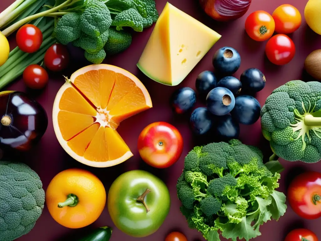 Una exquisita variedad de frutas y verduras orgánicas, frescas y vibrantes, en una composición minimalista