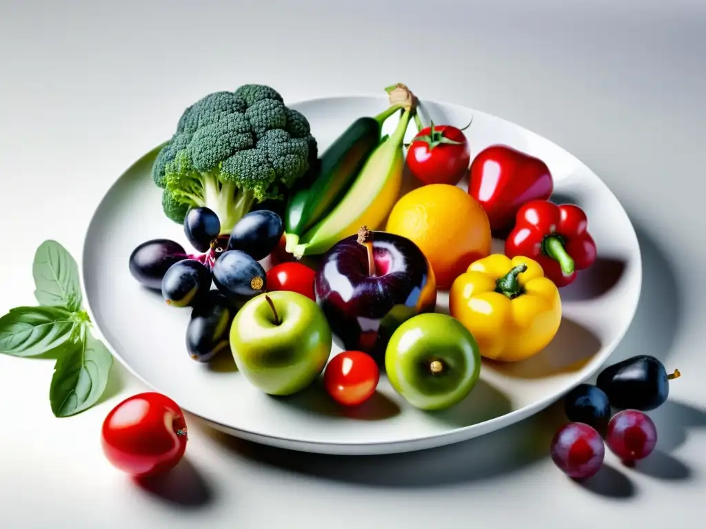 Una exquisita variedad de frutas y verduras orgánicas frescas, perfectamente dispuestas en una elegante fuente blanca