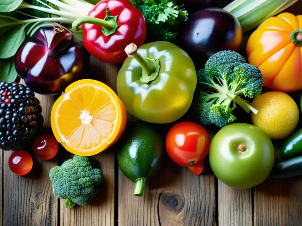 Una exquisita variedad de frutas y verduras orgánicas recién cosechadas sobre una mesa de madera rústica