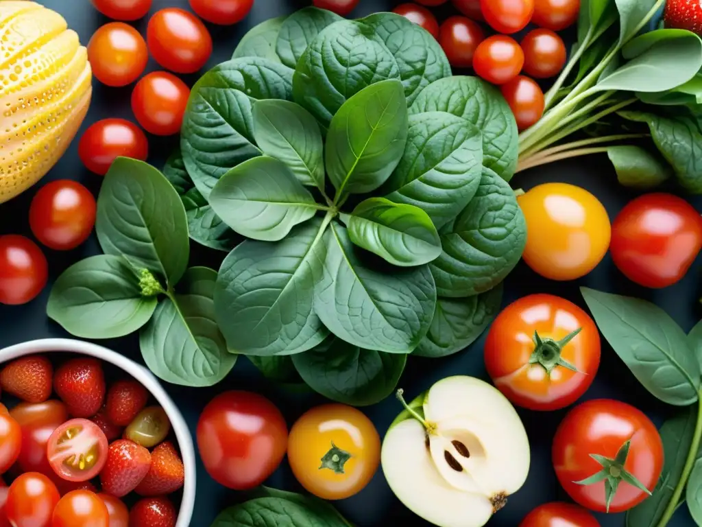 Una exquisita variedad de frutas y verduras orgánicas, como fresas jugosas, manzanas crujientes, espinacas y tomates maduros