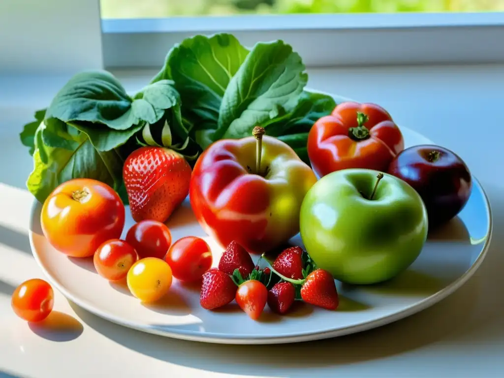 Una exquisita variedad de frutas y verduras orgánicas, resplandeciendo con colores tentadores bajo la luz dorada del sol