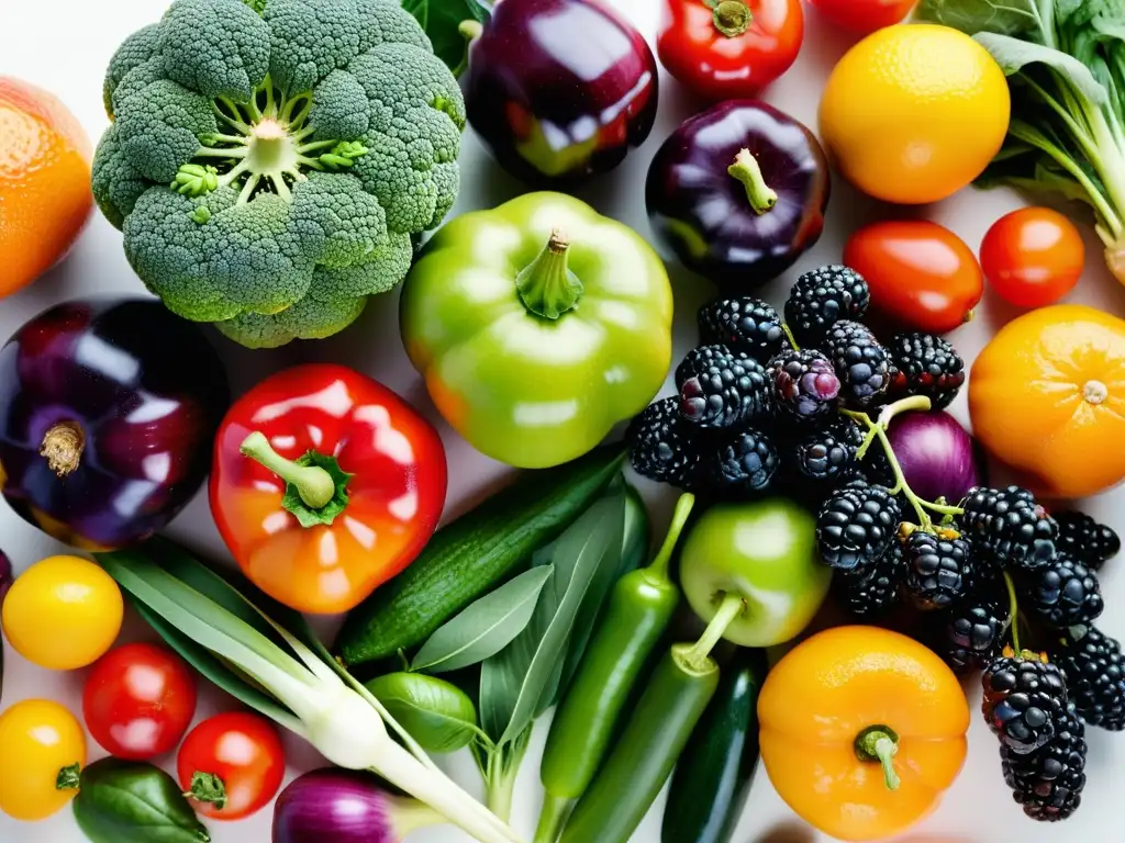 Una exquisita variedad de frutas y verduras orgánicas, frescas y coloridas, dispuestas de forma artística en un fondo blanco