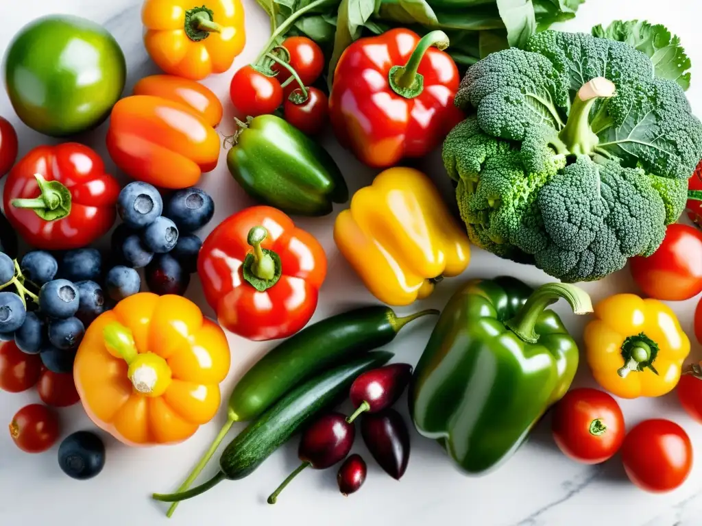 Una exquisita variedad de frutas y verduras orgánicas en una cocina luminosa