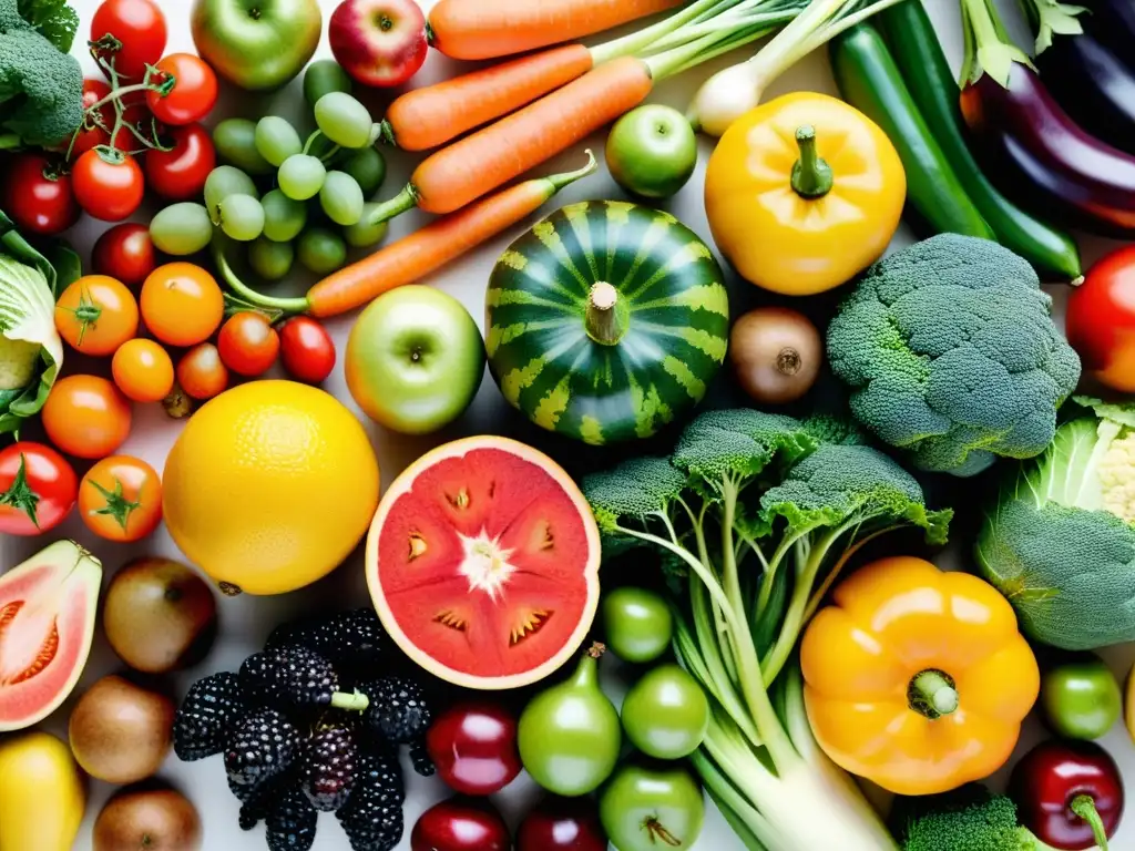 Una exquisita variedad de frutas y verduras orgánicas, con colores vibrantes, formas y texturas únicas