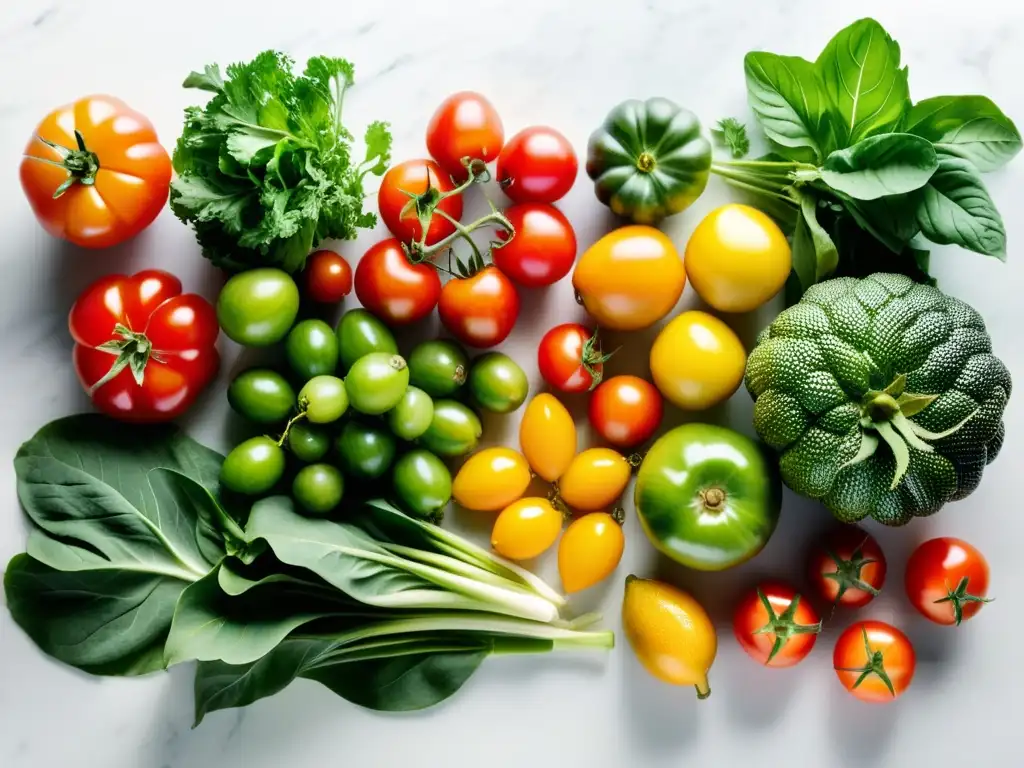 Una exquisita variedad de frutas y verduras orgánicas en un elegante mostrador de mármol blanco, bañadas por la luz natural