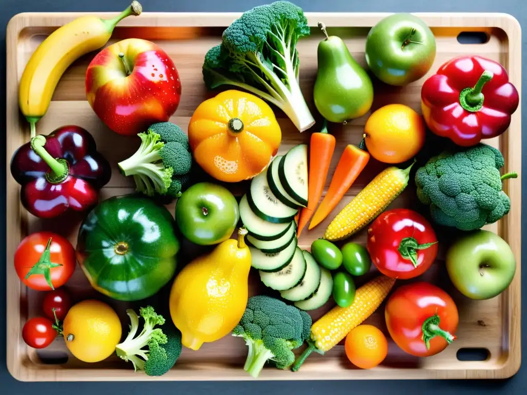 Una exquisita variedad de frutas y verduras orgánicas frescas, con gotas de agua resplandecientes