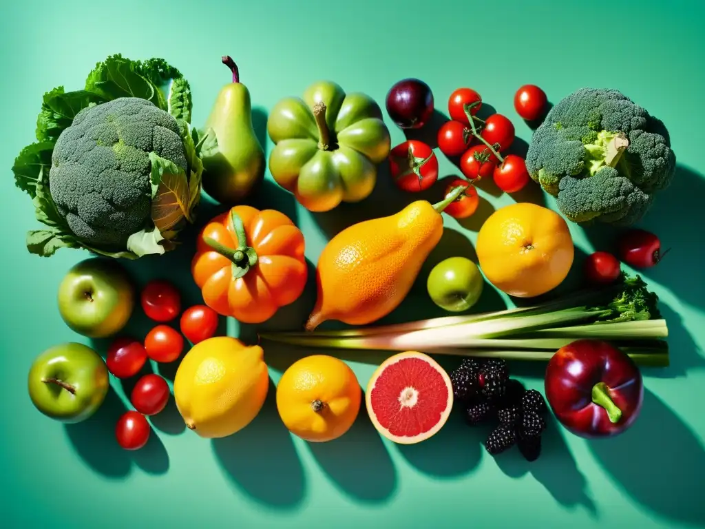 Una exquisita variedad de frutas y verduras orgánicas, con colores vibrantes y texturas palpables