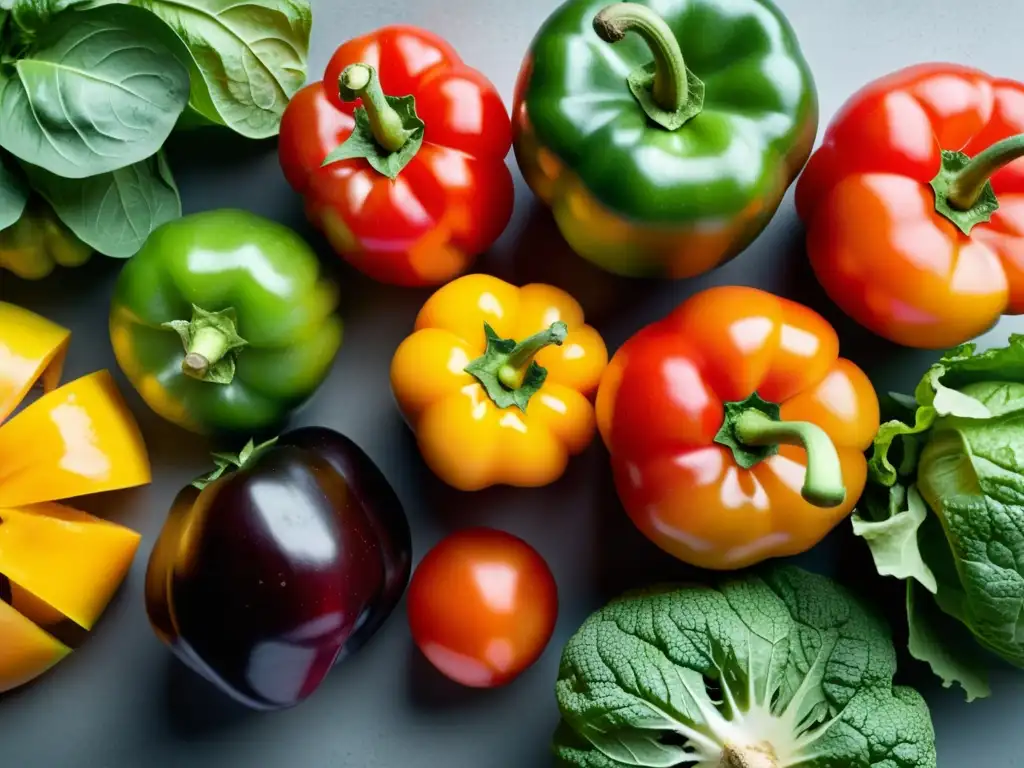 Una exquisita variedad de frutas y verduras orgánicas recién cosechadas, con colores vibrantes y texturas detalladas que realzan su frescura