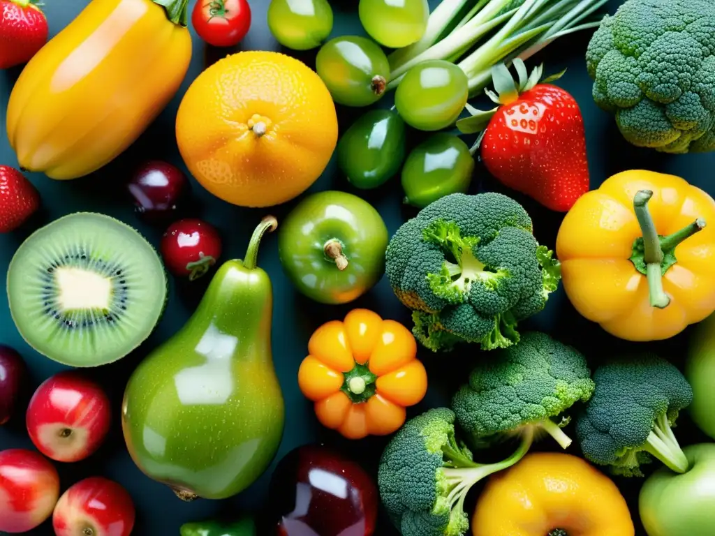 Una exquisita variedad de frutas y verduras orgánicas frescas, resplandecientes y coloridas, que transmiten vitalidad y salud