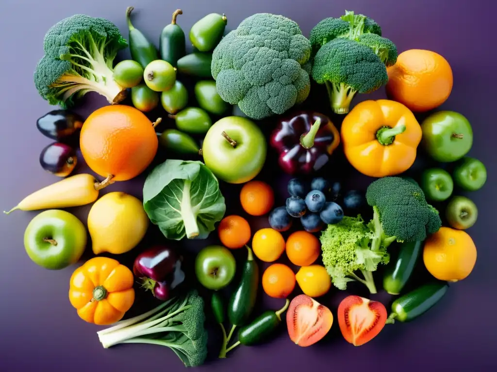 Una exquisita variedad de frutas y verduras orgánicas en perfecto equilibrio, resaltando los beneficios para la salud cardiovascular