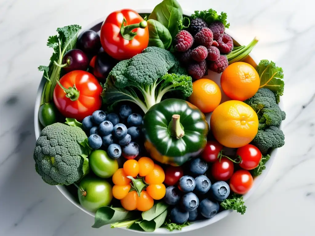 Una exquisita variedad de frutas y verduras orgánicas en un elegante mostrador de mármol blanco