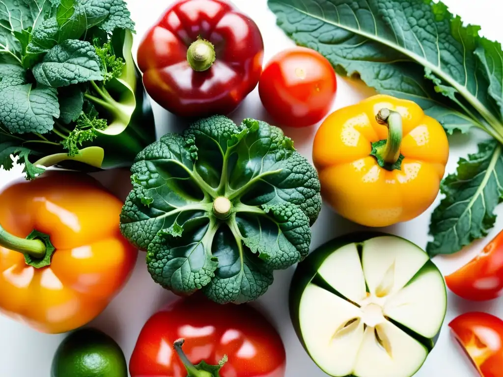 Una exquisita variedad de frutas y verduras orgánicas frescas brilla con vitalidad en un fondo blanco