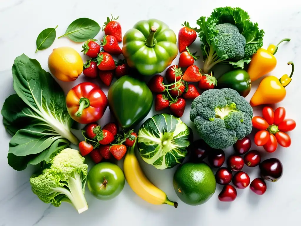 Una exquisita variedad de frutas y verduras orgánicas en una encimera de mármol blanco