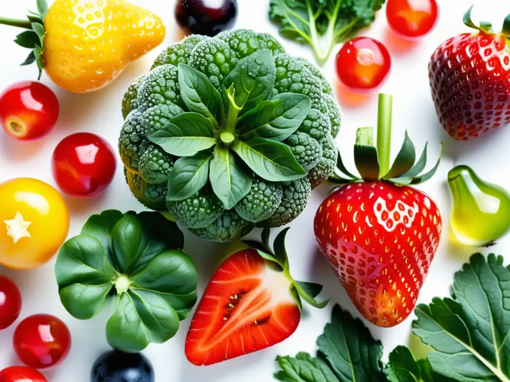 Una exquisita variedad de frutas y verduras orgánicas, frescas y coloridas, dispuestas de forma atractiva en un fondo blanco impecable