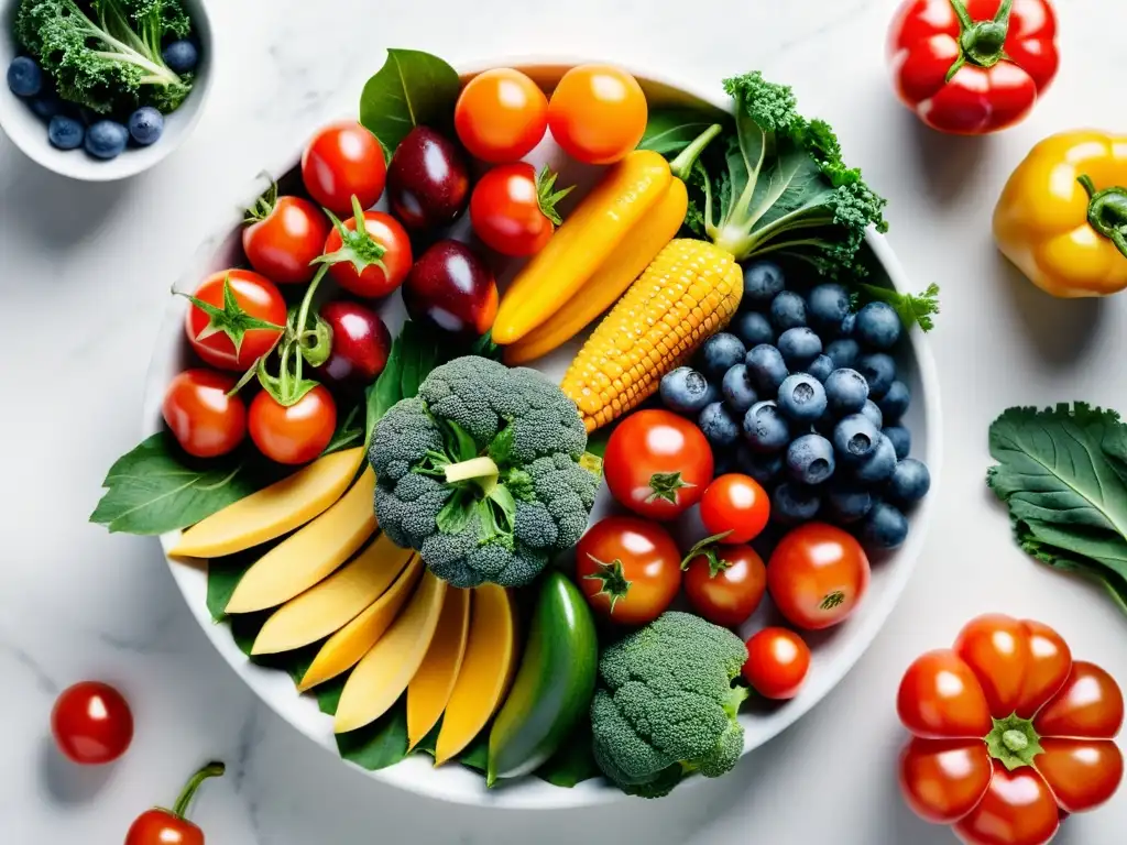 Una exquisita variedad de frutas y verduras orgánicas frescas y vibrantes dispuestas en un patrón circular sobre una superficie de mármol blanco