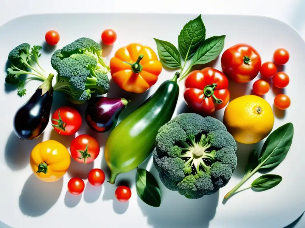 Una exquisita variedad de frutas y verduras orgánicas coloridas sobre una mesa minimalista blanca, evocando frescura y salud