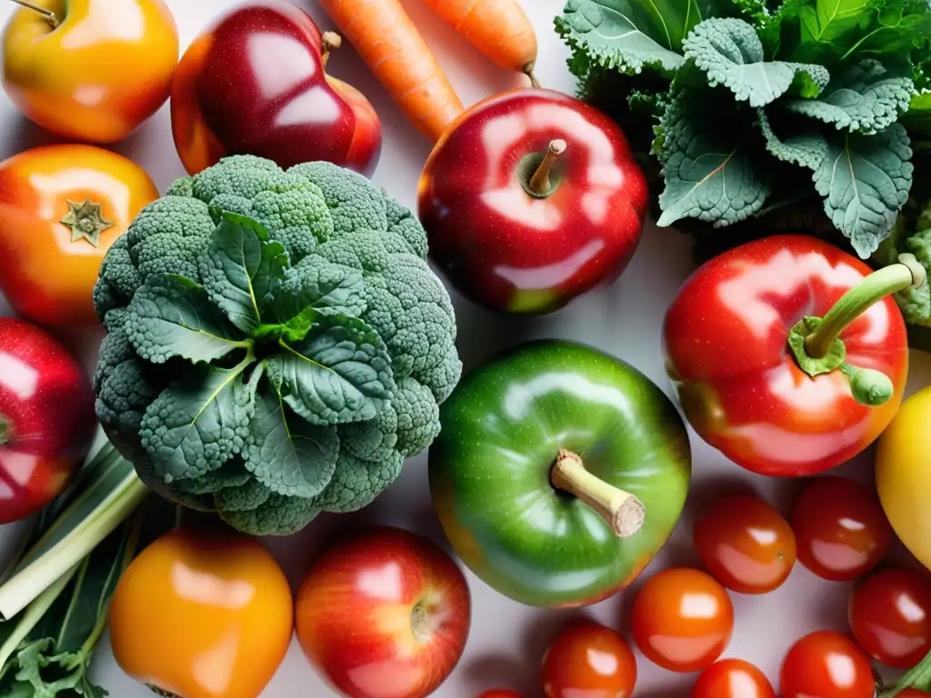 Una exquisita variedad de frutas y verduras orgánicas, vibrantes y frescas, contra un fondo blanco