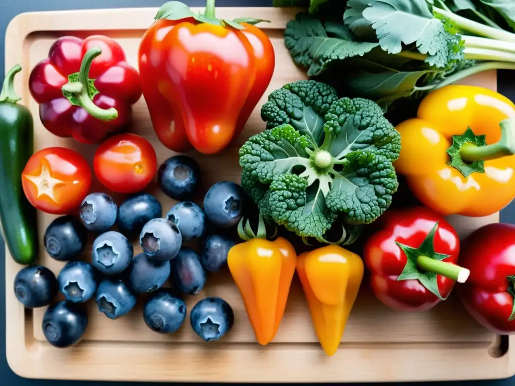 Una exquisita variedad de frutas y verduras orgánicas frescas en tabla de madera, transmitiendo salud y frescura