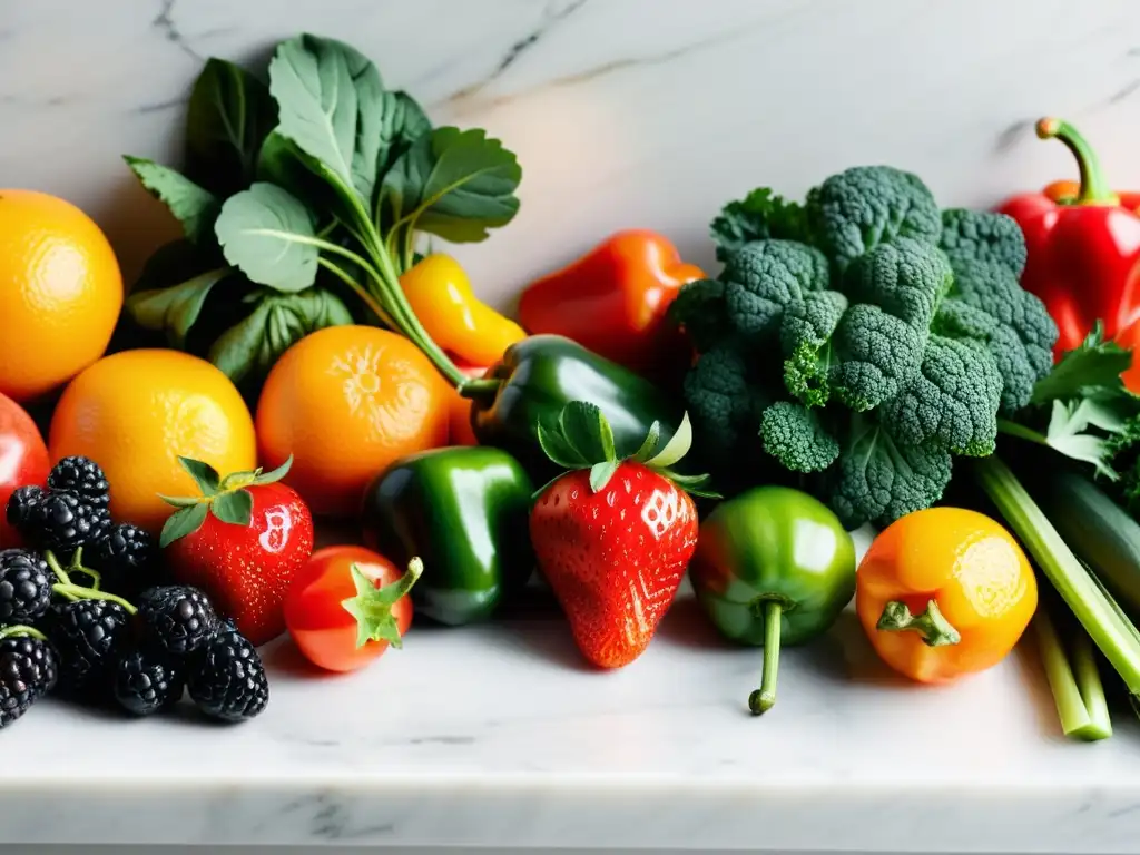 Una exquisita variedad de frutas y verduras orgánicas en un elegante mostrador de mármol, resaltando los beneficios para atletas