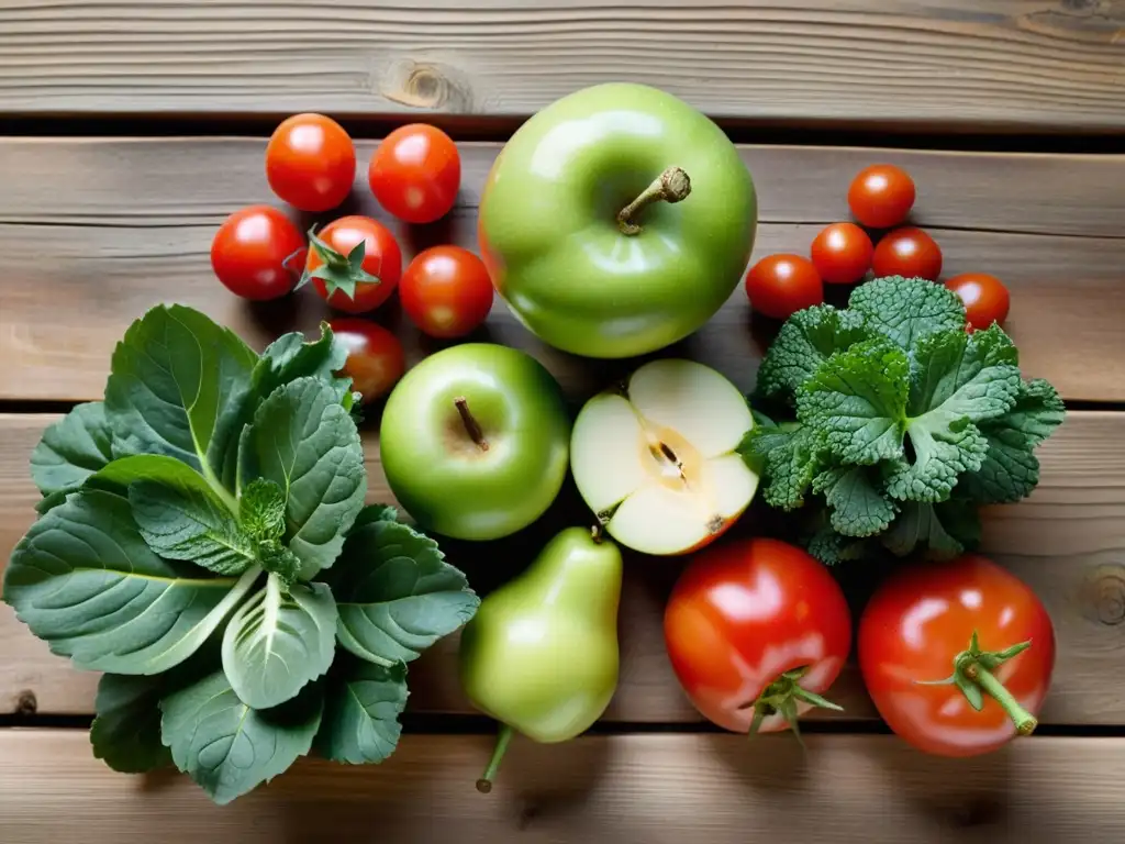 Una exquisita variedad de frutas y verduras orgánicas recién recolectadas, exhibiendo su frescura y autenticidad en una mesa rústica