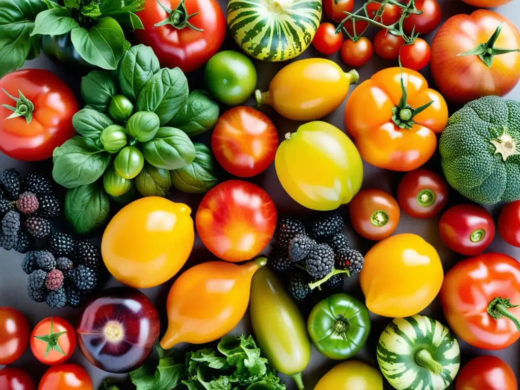 Una exquisita variedad de frutas y verduras orgánicas, resaltando la belleza y diversidad de los alimentos orgánicos procesados