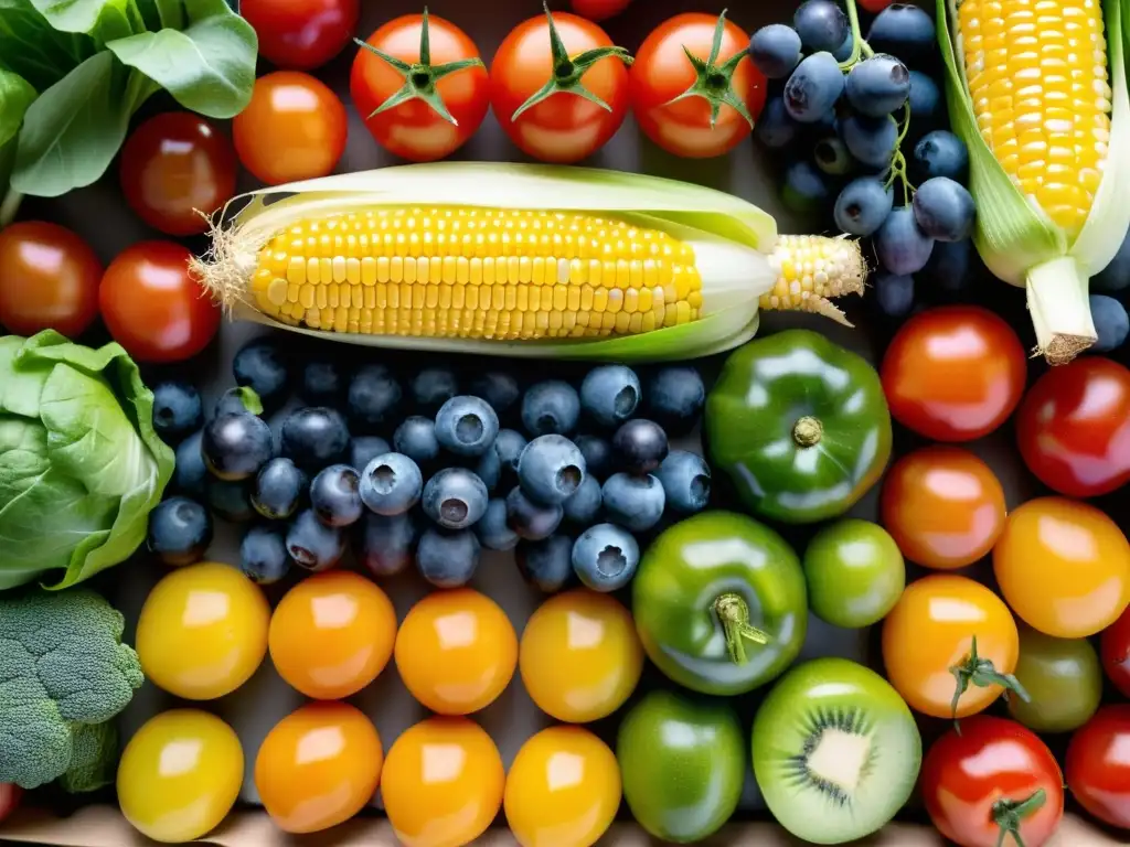 Una exquisita variedad de frutas y verduras orgánicas frescas, resplandeciendo en su belleza natural