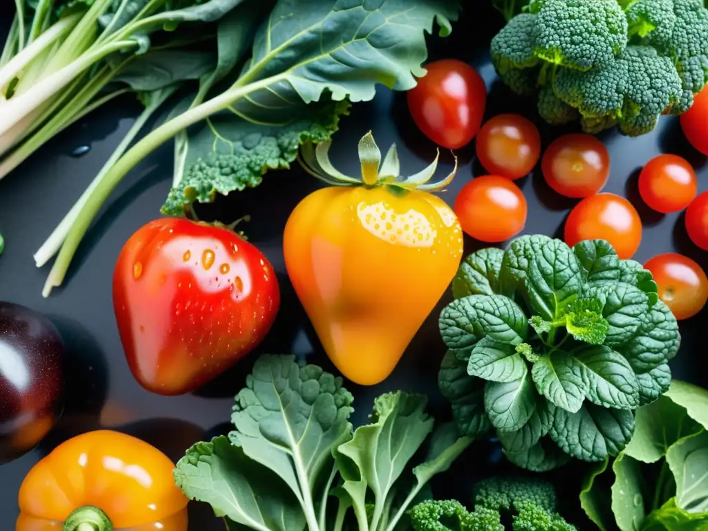 Una exquisita variedad de frutas y verduras orgánicas frescas, con colores vibrantes y texturas tentadoras