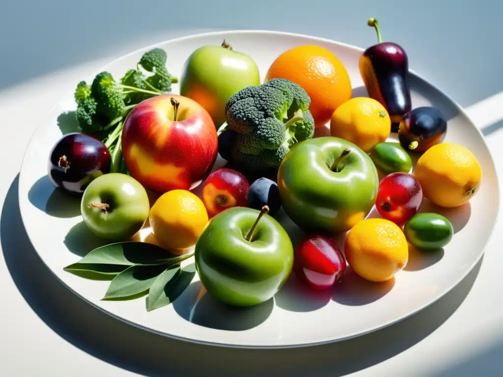 Una exquisita variedad de frutas y verduras orgánicas, frescas y vibrantes, presentadas con elegancia en un plato blanco moderno