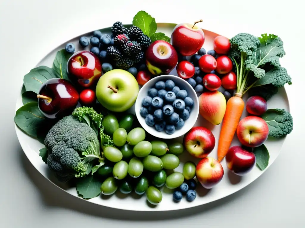 Una exquisita variedad de frutas y verduras orgánicas frescas, con colores vibrantes y texturas detalladas, en un plato minimalista blanco