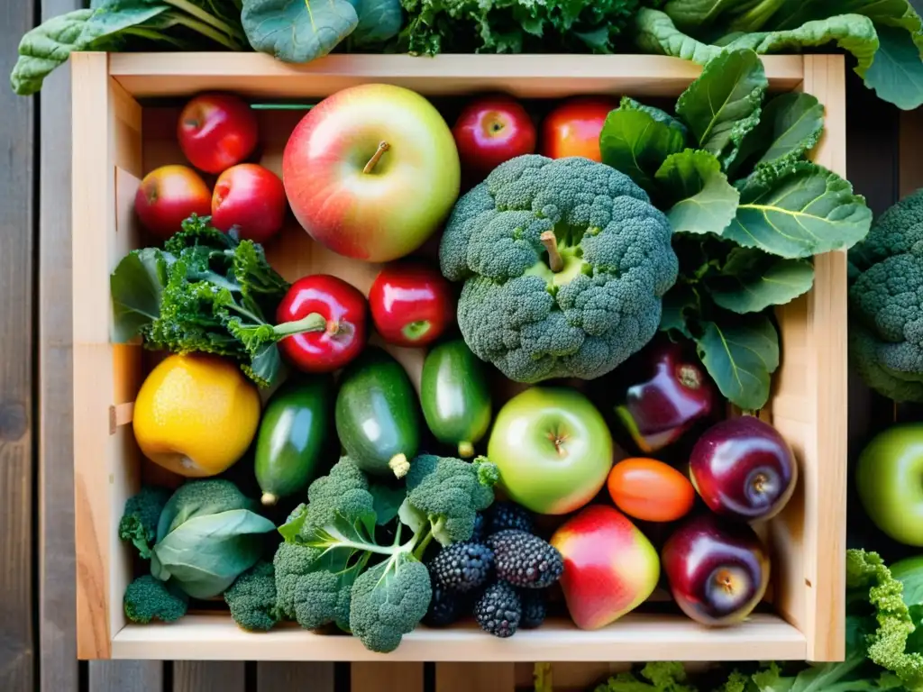 Una exquisita variedad de frutas y verduras orgánicas recién cosechadas en una caja de madera