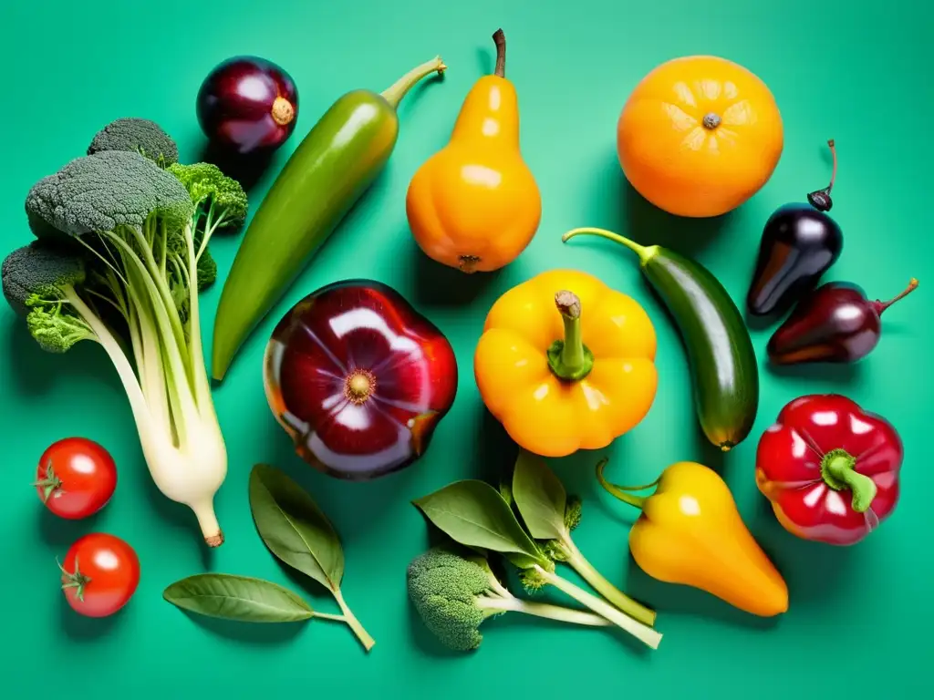 Una exquisita variedad de frutas y verduras orgánicas frescas, con colores vibrantes y formas diversas