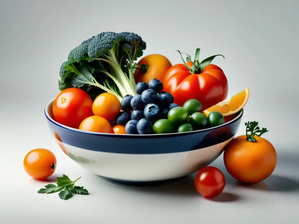 Una exquisita variedad de frutas y verduras orgánicas en un elegante tazón blanco